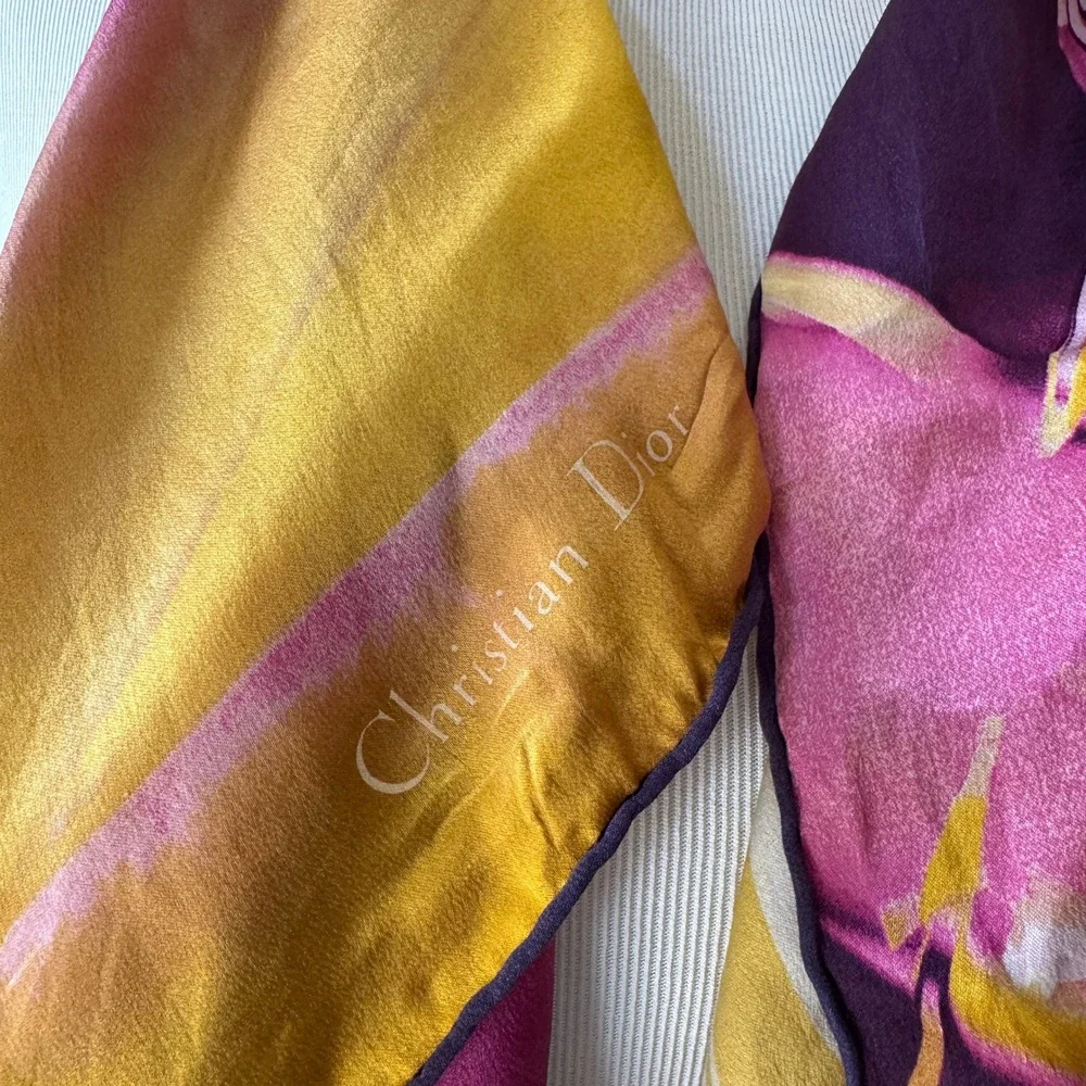 Vintage Christian Dior Chris 1947 Silk Square Scarf Purple Pink Yellow Y2K 33in